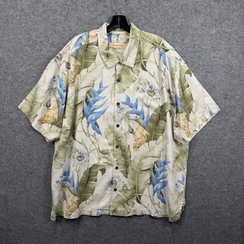 Tommy Bahama Mens XXL Silk Tropical Parrot Floral Camp Shirt‎ Sage Green Blue